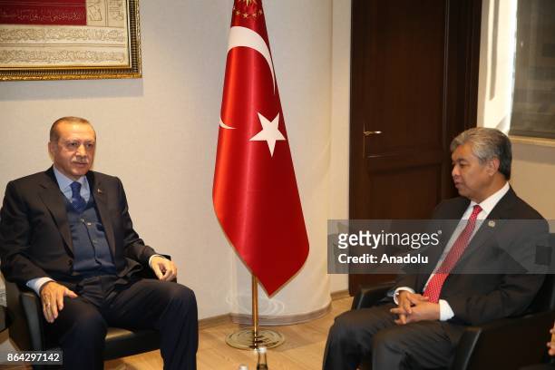 President of Turkey Recep Tayyip Erdogan receives Deputy Prime Minister of Malaysia Dato' Seri Dr. Ahmad Zahid Bin Hamidi in Istanbul, Turkey on...