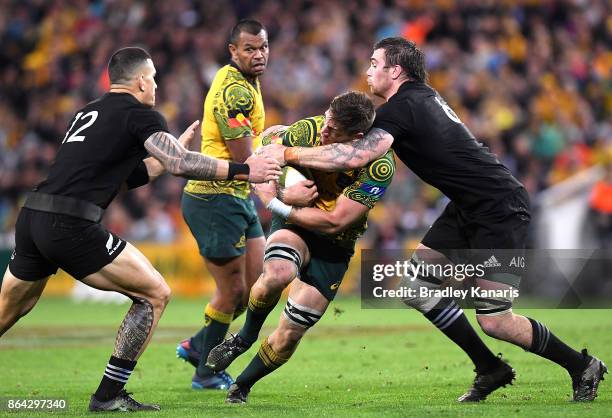 Sean McMahon of the Wallabies takes on the defence during the Bledisloe Cup match between the Australian Wallabies and the New Zealand All Blacks at...