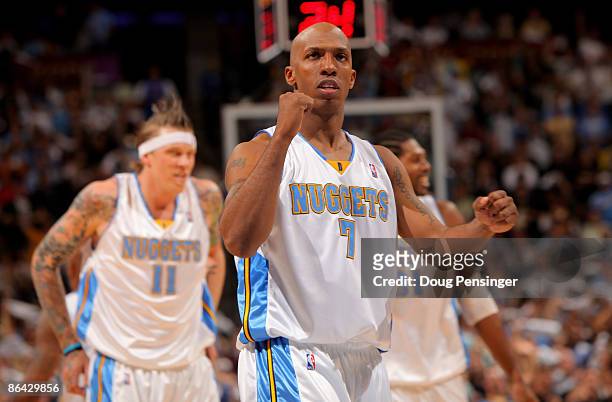 Chauncey Billups of the Denver Nuggets reacts as the Nuggets take a 15-point lead in the fourth quarter against the Dallas Mavericks in Game Two of...
