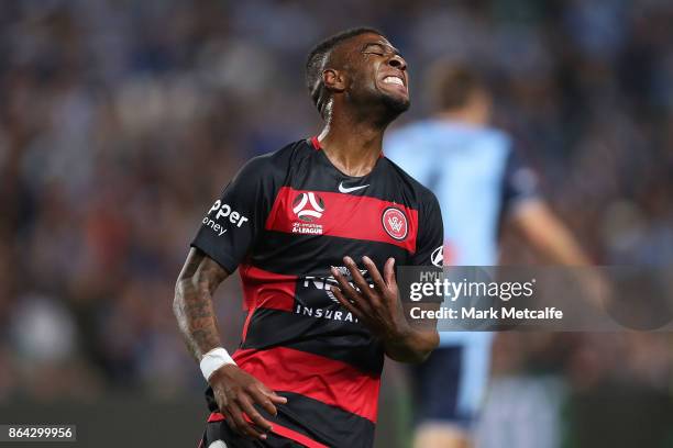 Roly Bonevacia of the Wanderers reacts to a missed chance at goal during the round three A-League match between Sydney FC and the Western Sydney...