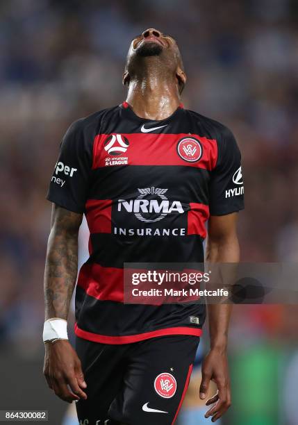 Roly Bonevacia of the Wanderers reacts to a missed chance at goal during the round three A-League match between Sydney FC and the Western Sydney...