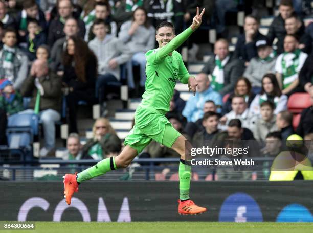 Michael Lustig of Celtic celebrates his second goal during the Betfred Cup Semi-Final between Hibernian and Celtic at Hampden Park on October 21,...