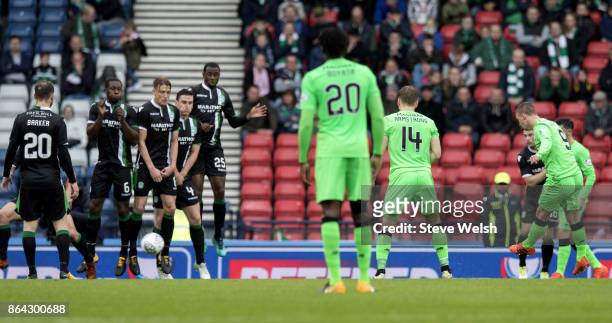 Leigh Griffiths of Celtic goes close with his free kick during the Betfred Cup Semi-Final between Hibernian and Celtic at Hampden Park on October 21,...