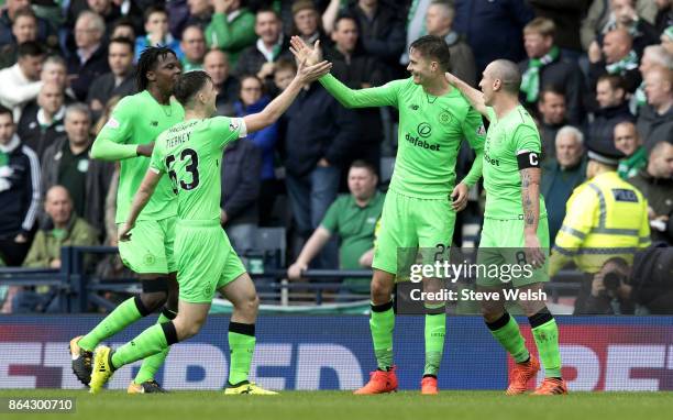 Michael Lustig of Celtic celebrates his second goal with teammates during the Betfred Cup Semi-Final between Hibernian and Celtic at Hampden Park on...