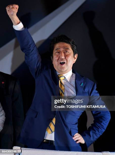 Japan's Prime Minister and ruling Liberal Democratic Party leader Shinzo Abe gestures during his last stumping tour for the October 22 general...