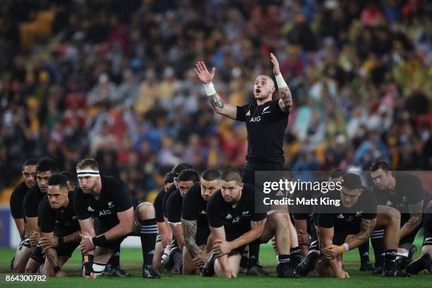 Perenara of the All Blacks leads the Haka during the Bledisloe Cup match between the Australian Wallabies and the New Zealand All Blacks at Suncorp...