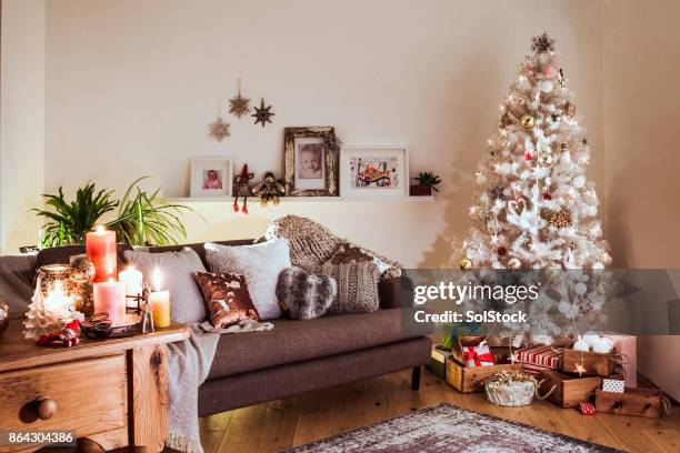 nordic christmas with a white christmas tree - christmas tree home stock pictures, royalty-free photos & images