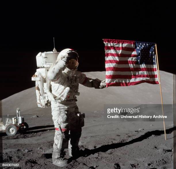 Apollo 17 mission commander Eugene Cernan after his second moonwalk of the mission. Apollo 17 was the final mission of NASA's Apollo program, the...