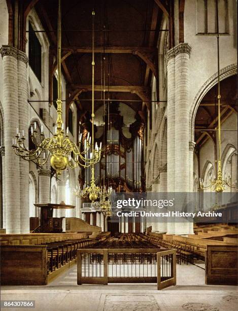 Photomechanical print dated to 1900, depicting the interior of the Grote of Sint-Laurenskerk ; Protestant church in Rotterdam. It is the only remnant...