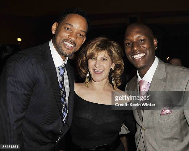 Actor Will Smith, Sony's Amy Pascal and actor Tyrese Gibson pose at the Simon Wiesenthal Center's Annual National Tribute Dinner at the Beverly...