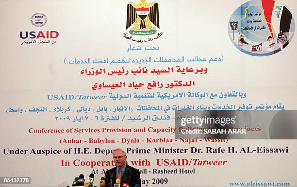 Ambassador to Iraq Christopher Hill speaks during the opening session of a two day conference by USAID and Tatweer on "Service Provisions and...