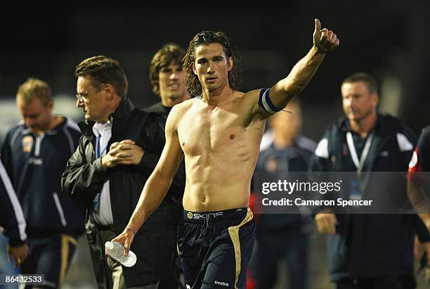 Adam Griffiths of the Jets thanks fans after winning the AFC Champions League Group match between the Newcastle Jets and the Beijing Guoan at...