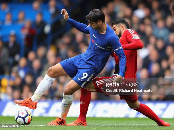 Miguel Britos of Watford puts pressure on Alvaro Morata of Chelsea during the Premier League match between Chelsea and Watford at Stamford Bridge on...