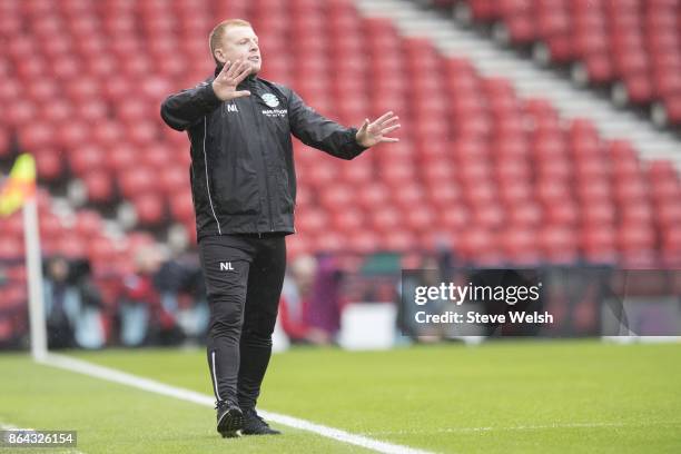 Manager of Hibernian Neil Lennon looks on during the Betfred Cup Semi-Final at Hampden Park on October 21, 2017 in Glasgow, Scotland.