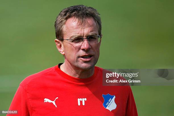 Head coach Ralf Rangnick looks on during a training session of 1899 Hoffenheim at the club's training center on May 6, 2009 in Sinsheim, Germany.