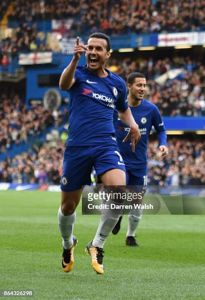 Pedro of Chelsea celebrates after scoring his sides first goal during the Premier League match between Chelsea and Watford at Stamford Bridge on...