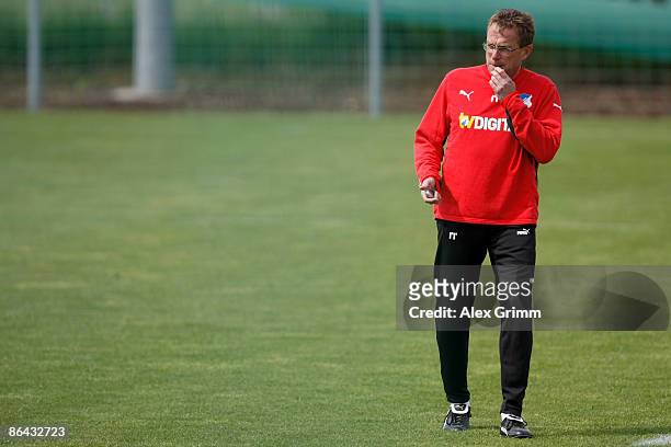 Head coach Ralf Rangnick whistles during a training session of 1899 Hoffenheim at the club's training center on May 6, 2009 in Sinsheim, Germany.