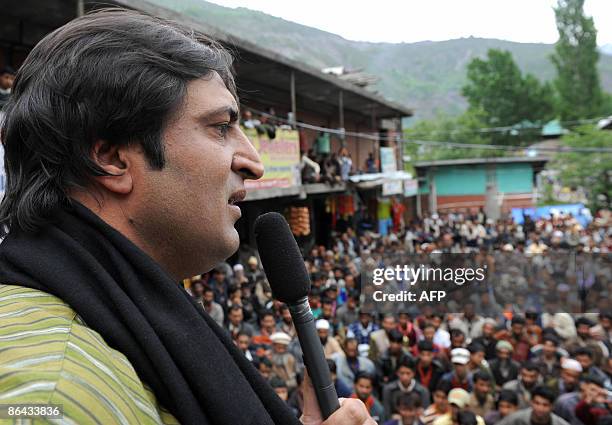 Chairman of the Jammu and Kashmir People's Conference Sajad Gani Lone, a candidate for India's general elections, addresses an election campaign...