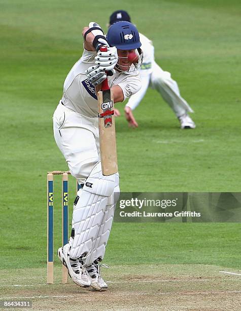 Joe Sayers of Yorkshire narrowly avoids a bouncer during the LV County Championship Division One match between Warwickshire and Yorkshire at...