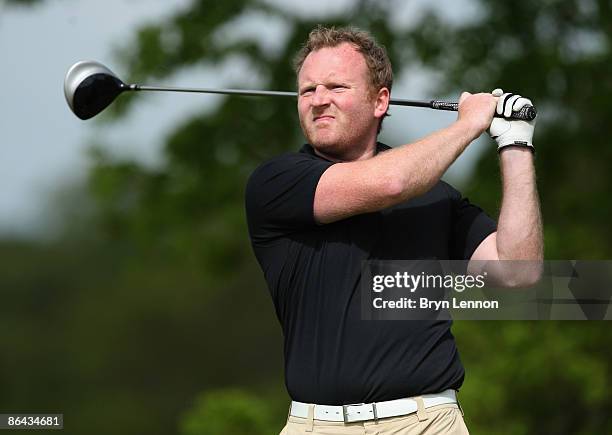 Thomas James Fleming of Frilford Heath tees off during the Powerade PGA Assistants' Championship South Regional Qualifier on May 6, 2009 in Ascot,...