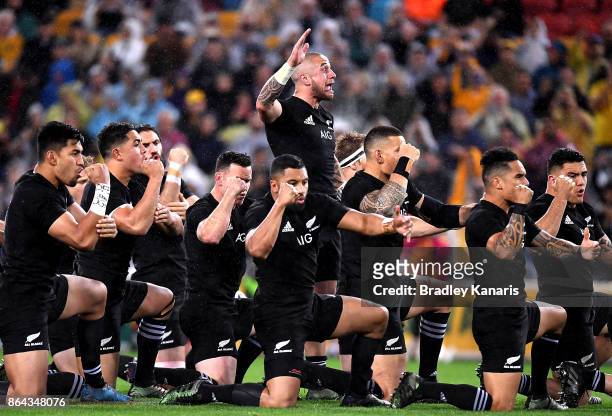 Perenara of the All Blacks and team mates perform the haka before the Bledisloe Cup match between the Australian Wallabies and the New Zealand All...