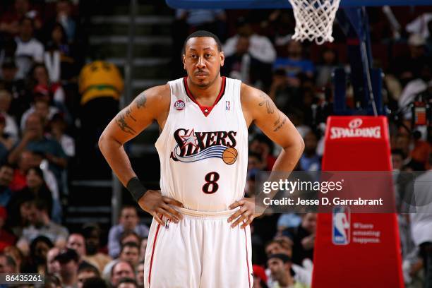 Donyell Marshall of the Philadelphia 76ers stands on the court in Game Six of the Eastern Conference Quarterfinals against the Orlando Magic during...