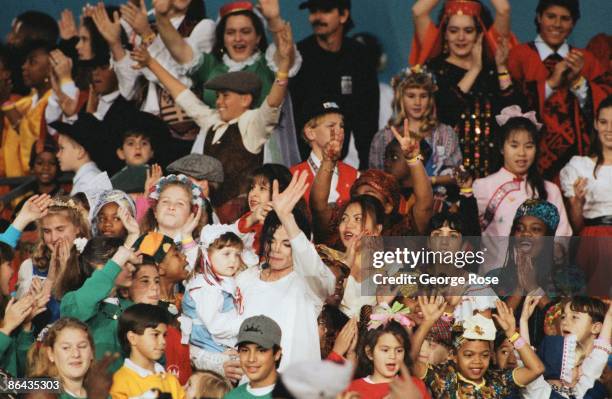 Singer Michael Jackson performs "Heal The World" during the 1993 Pasadena, California, Superbowl XXVII halftime show. The "King of Pop" performed...