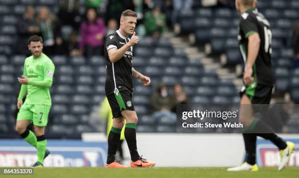 Anthony Stokes of Hibernian celebrates his goal during the Betfred Cup Semi-Final at Hampden Park on October 21, 2017 in Glasgow, Scotland.