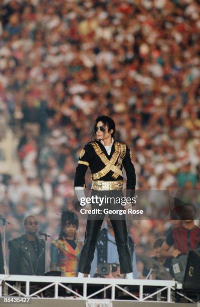 Singer Michael Jackson performs "Heal The World" during the 1993 Pasadena, California, Superbowl XXVII halftime show. The "King of Pop" performed...