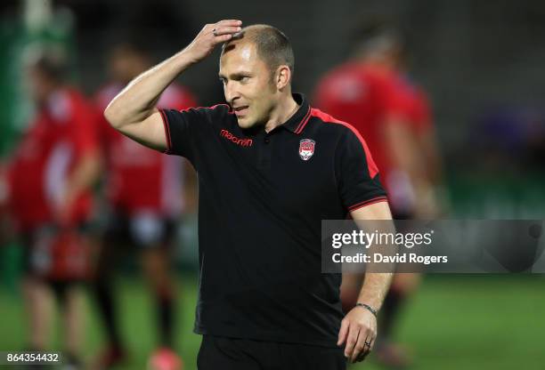 Pierre Mignoni, head coach of Lyon, looks on during the European Rugby Challenge Cup match between Lyon and Sale Sharks at Matmut Stade de Gerland on...