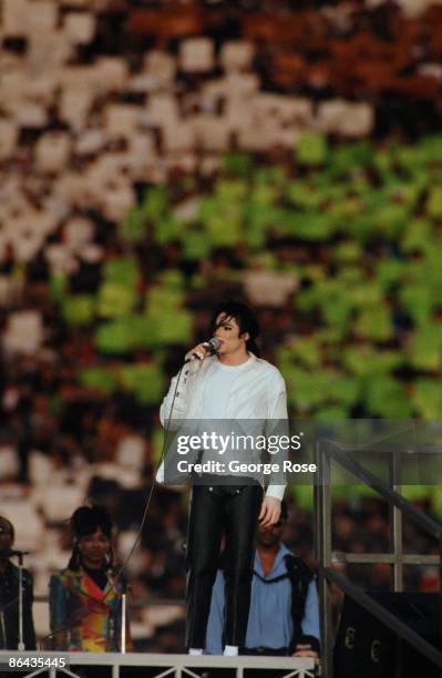 Singer Michael Jackson performs "Heal The World" during the 1993 Pasadena, California, Superbowl XXVII halftime show. The "King of Pop" performed...