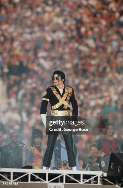 Singer Michael Jackson performs "Heal The World" during the 1993 Pasadena, California, Superbowl XXVII halftime show. The "King of Pop" performed...