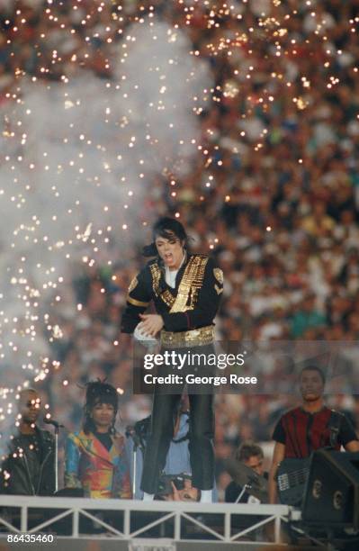 Singer Michael Jackson performs "Heal The World" during the 1993 Pasadena, California, Superbowl XXVII halftime show. The "King of Pop" performed...