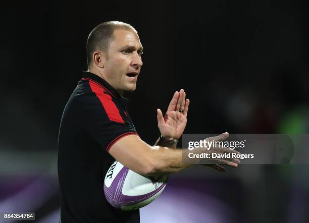 Pierre Mignoni, head coach of Lyon, looks on during the European Rugby Challenge Cup match between Lyon and Sale Sharks at Matmut Stade de Gerland on...