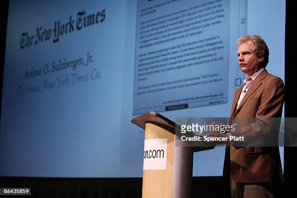 Arthur Sulzberger, Jr., publisher of The New York Times and chairman of The New York Times Company, speaks during the unveiling of the new Kindle DX...