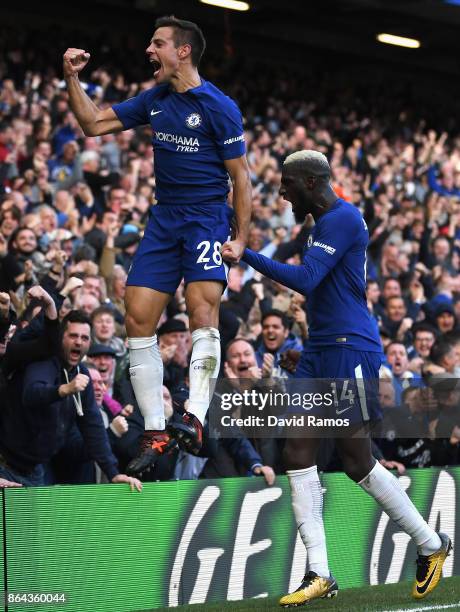 Cesar Azpilicueta of Chelsea celebrates scoring the 3rd Chelsea goal with Tiemoue Bakayoko of Chelsea during the Premier League match between Chelsea...