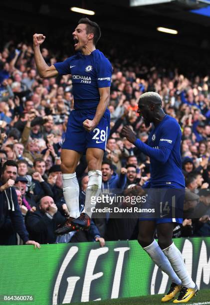Cesar Azpilicueta of Chelsea celebrates scoring the 3rd Chelsea goal with Tiemoue Bakayoko of Chelsea during the Premier League match between Chelsea...