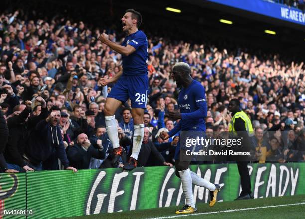 Cesar Azpilicueta of Chelsea celebrates scoring the 3rd Chelsea goal with Tiemoue Bakayoko of Chelsea during the Premier League match between Chelsea...