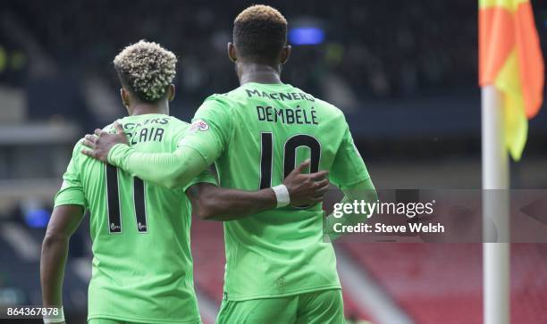 Moussa Dembele celebrates his 2nd goal with Scott Sinclair during the Betfred Cup Semi-Final at Hampden Park on October 21, 2017 in Glasgow, Scotland.