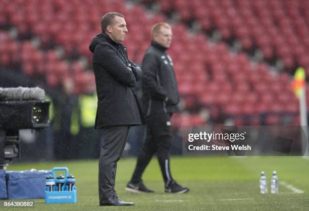 Manager of Celtic Brendan Rodgers looks on during the Betfred Cup Semi-Final at Hampden Park on October 21, 2017 in Glasgow, Scotland.