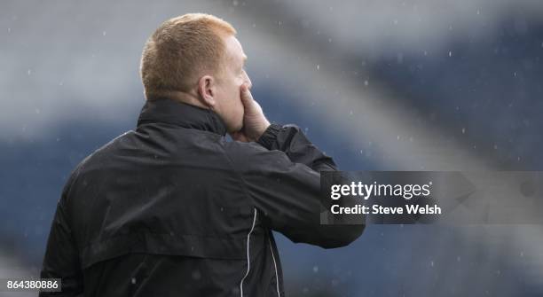 Manager of Hibs Neil Lennon looks on during the Betfred Cup Semi-Final at Hampden Park on October 21, 2017 in Glasgow, Scotland.