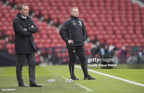 Manager of Hibs Neil Lennon looks on during the Betfred Cup Semi-Final at Hampden Park on October 21, 2017 in Glasgow, Scotland.