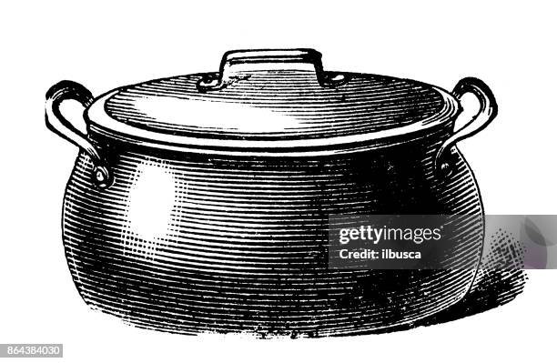 antique household book engraving illustration: boiling pot - cooking pan stock illustrations