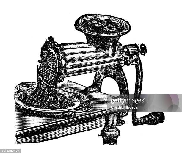 antique household book engraving illustration: meat chopper - meat grinder stock illustrations