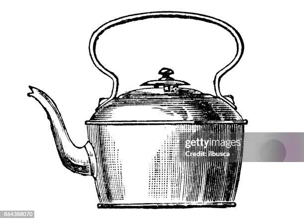 antique household book engraving illustration: kettle - baking utensils stock illustrations