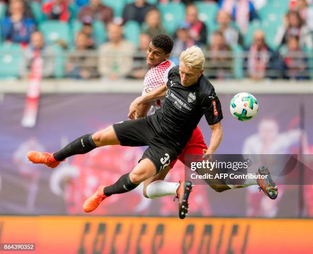 Leipzig's Brazilian defender Bernardo and Stuttgart's German defender Andreas Beck vie for the ball during the German first division Bundesliga...