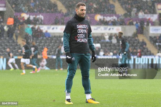 Angel Rangel of Swansea City prior to kick off of the Premier League match between Swansea City and Leicester City at The Liberty Stadium on October...