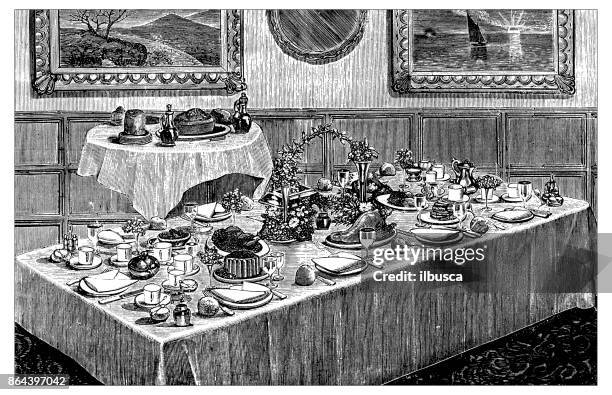 antique recipes book engraving illustration: dinner table - elegant dining room stock illustrations
