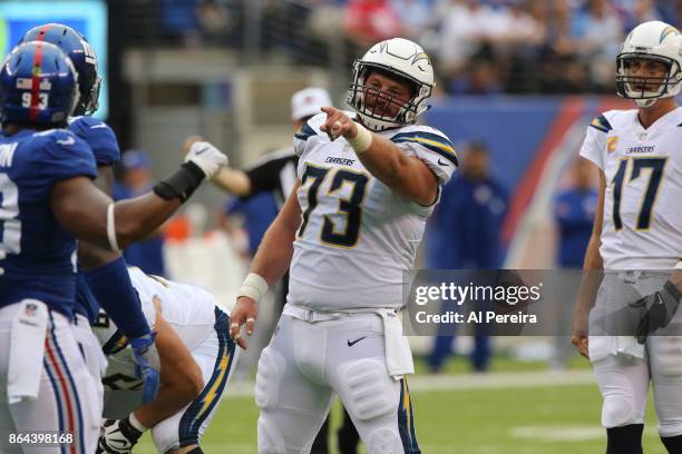 Center-Guard Spencer Pulley of the Los Angeles Chargers in action against the New York Giants during an NFL game at MetLife Stadium on October 8,...