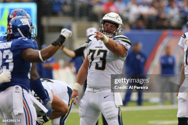 Center-Guard Spencer Pulley of the Los Angeles Chargers in action against the New York Giants during an NFL game at MetLife Stadium on October 8,...